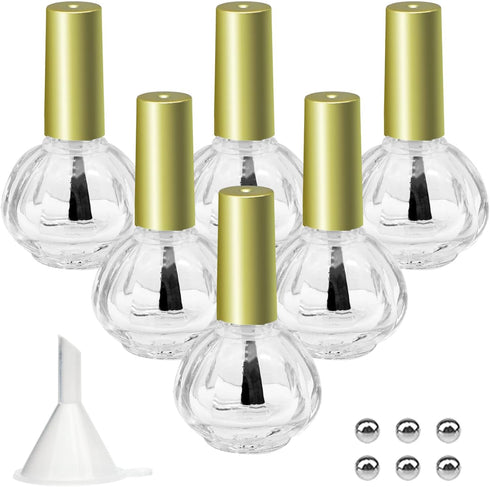 Empty Nail Polish Bottles Gold Top, 6PCS 10ML Glass Bottles with Funnel & Mixing Balls for Nail Art