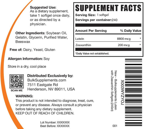 BulkSupplements.com Lutein with Zeaxanthin Softgels - Zeaxanthin plus Lutein, Lutein and Zeaxanthin Supplements, Eye Vitamins - Gluten Free, 1 Softgel per Serving, 240 Softgels