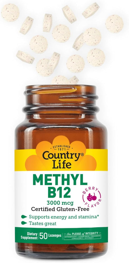 Country Life Methyl B-12 3000 mcg Lozenges, Vegan, 50 Count for Energy Support