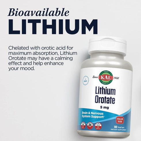 KAL Lithium Orotate 5mg - Low Dose Lithium Supplement for Brain and Mood Support, 180 VegCaps
