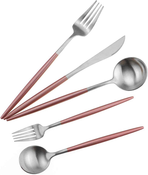 Luxury Flatware Set, 20 Piece Matte Pink Handle 18/10 Stainless Steel Tableware for 4, Camping Silverware Travel