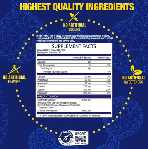 MHP Impact Hydration Electrolyte Creatine Sports Drink Mix, Lemon Lime, 30 servings, No Artificial Sweeteners