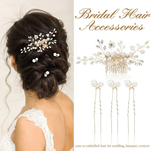 inSowni 18 Pack Gold Flower Bridal Wedding Hair Side Combs, U-shaped Pearls Hair Pins Accessories for Bridesmaids