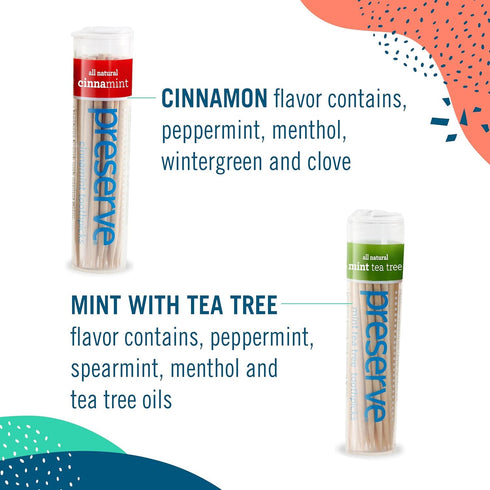 Preserve Toothpicks, Natural Mint Tea Tree Flavored for Fresh Breath, Sustainably Harvested Birch Wood - 3 Travel Cases