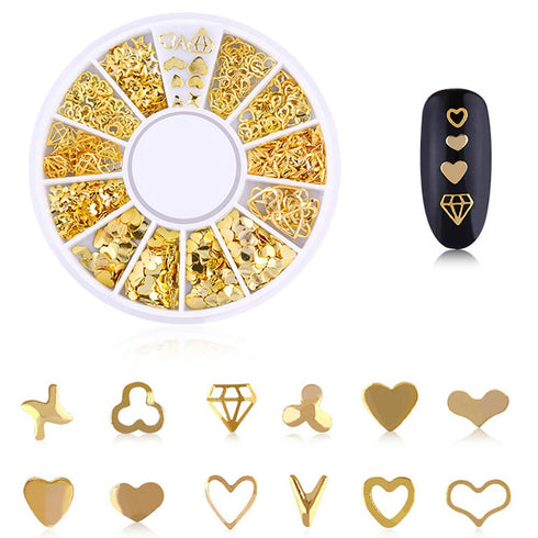 WOKOTO 6 Boxes Nail Art Studs Set, Gold Silver Hollow Star Moon Flower Rivet Kit with Tweezers and Picker Pencil