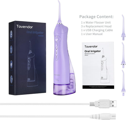 TOVENDOR Electric Water Flosser, Cordless Dental Oral Irrigator, 3 Modes, 3 Tips, 300ML, Waterproof