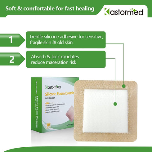 kastormed Silicone Adhesive Foam Dressing, 10 Pack 4''x4'' High Absorbency Bandage for Wound Care