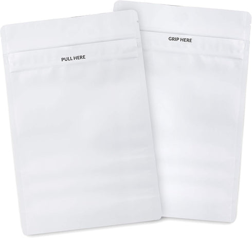 Mylar Bags Child Resistant Grip N Pull, 1 Ounce All White - 100 Count, Resealable Smell Proof Bags for Food Storage