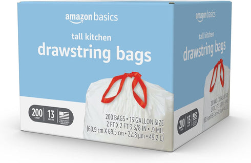 Amazon Basics Tall Kitchen Drawstring Trash Bags, Clean Fresh Scent, 13 Gallon, 200 Count