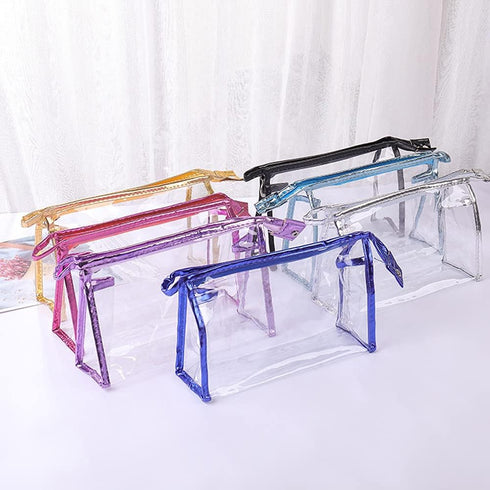 SITAKE 12 Pcs Clear Waterproof Cosmetic Bags with Handle, Portable Makeup Pouches, PVC Travel Organizers (Black)