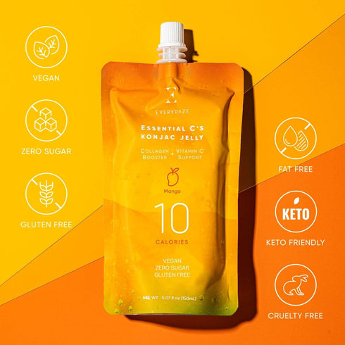 EVERYDAZE Essential C’s Collagen + Vitamin C Konjac Jelly | Vegan, 10 Calories, 0 Sugar | Mango | 10 Packs | Healthy Diet Pouch Drinkable Snack Drink, Weight Management