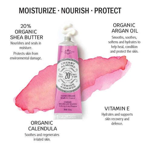 La Chatelaine 20% Shea Butter Hand Cream, Travel Size, Organic Argan Oil, Non-Greasy, 1 oz/30ml (Cherry Almond)