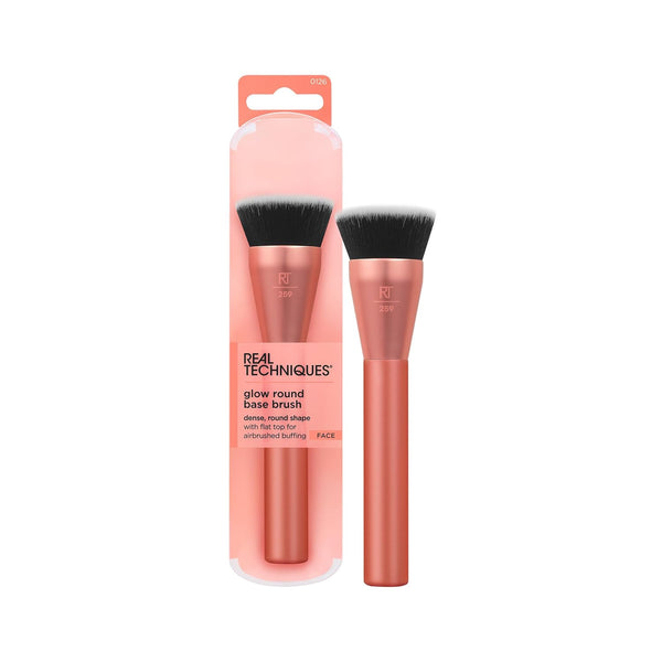 Real Techniques Glow Round Base Makeup Brush, Flat Top Foundation Brush for Buffing & Blending