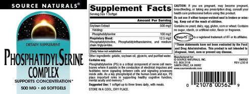 Source Naturals Phosphatidyl Serine Complex, 500mg, 100% Pure, 60 Softgels