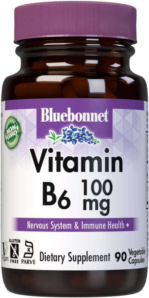BlueBonnet Nutrition Vitamin B6 Vegetable Capsules, 100 mg - 90 Count - Supports Cardiovascular & Nervous System Health