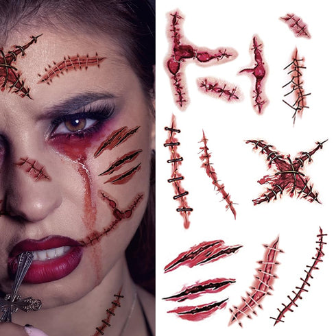 20 Sheets Body Face Fake Scar Halloween Makeup Kit, Temporary Tattoos for Kids, Women, Men, Party Favors