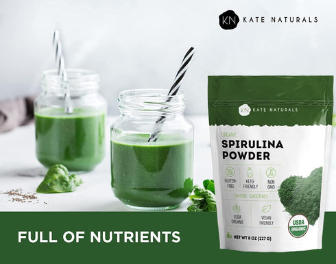 Kate Naturals Organic Spirulina Powder for Immune Support and Antioxidants, Nutrient Dense Superfood Supplement (8 oz)