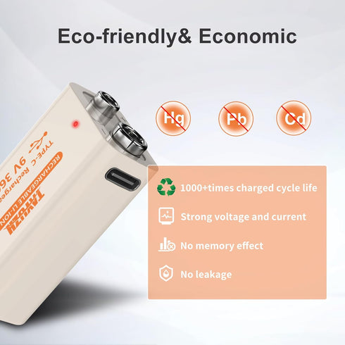TAYUZH 9V 3600mWh 9 2 Pack Rechargeable Battery V High Capacity Lithium Batteries for Smoke Detectors, Microphone