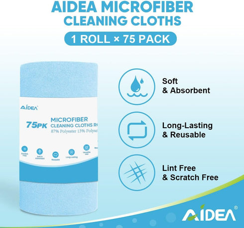 AIDEA Blue Microfiber Cleaning Cloth Roll-75PK, Reusable Paper Towels, Tear Away Towels, Washable Shop Rags, Microfiber Towels for Cars, Lint Free Cleaning Rags for House, Kitchen, Window-11.5"×11.5"