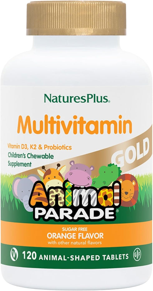 Natures Plus Animal Parade Gold Children's Multivitamin, Orange Flavor, 120 Chewable Tablets, 60 Servings