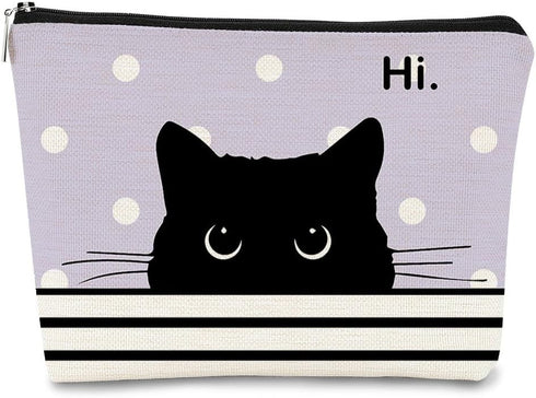 Cat Makeup Bag, Black Cat Purse, Cute Cosmetic Bag for Women and Teen Girls, Gifts for Cat Lovers - Purple Polka Dot