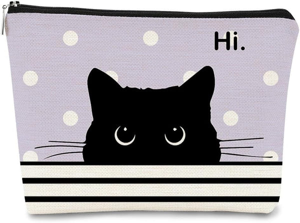 Cat Makeup Bag, Black Cat Purse, Cute Cosmetic Bag for Women and Teen Girls, Gifts for Cat Lovers - Purple Polka Dot