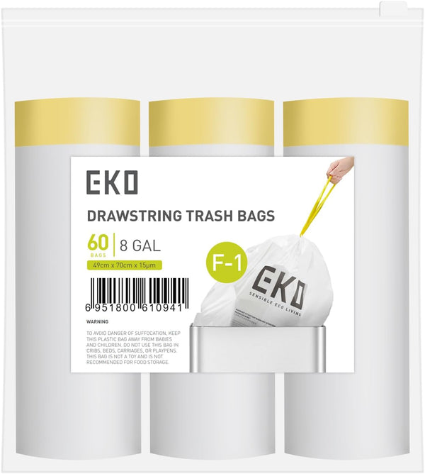 EKO Easy-Dispense Roll, 60 Count Extra-Strong Drawstring Trash Bags, 8 Gallon Clear White Can Liners