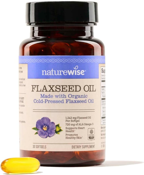 NatureWise Flaxseed Oil 1200mg Softgels with 720mg ALA, Non-GMO Omega Supplement for Heart Health - 30 Softgels