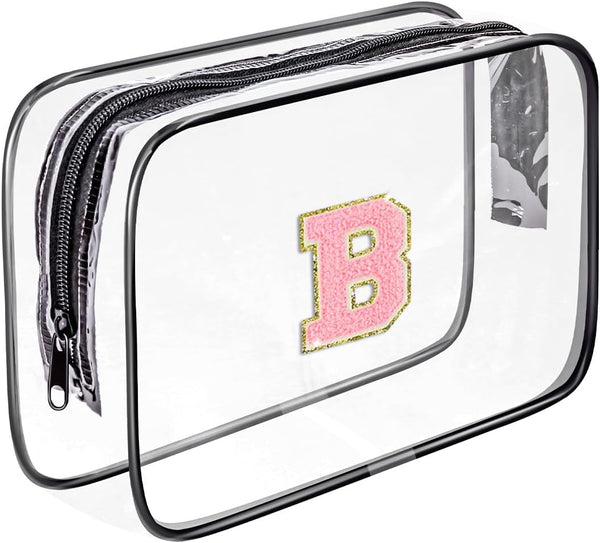 Clear Portable Travel Toiletry Bag, Chenille Letter Cosmetic Bag with Zipper, Waterproof Organizer (Black, B)