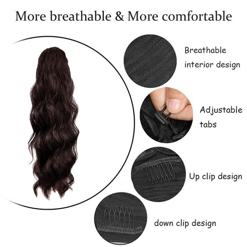 KETHBE 24 Inch Long Body Wave Ponytail Hair Extension, Synthetic Heat Resistant Wrap Around Drawstring Curly Wavy