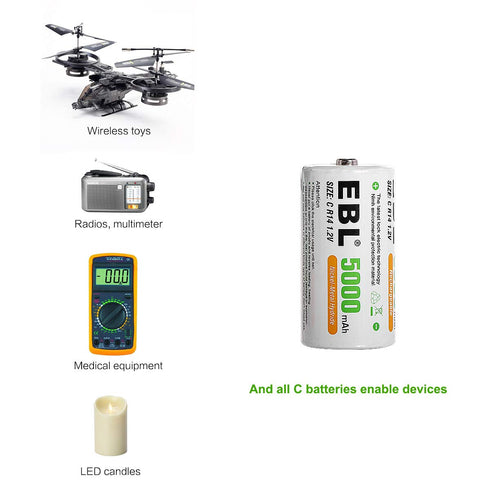 EBL Rechargeable C Batteries, 5000mAh Ni-MH High Capacity C Cell Battery, Pack of 4