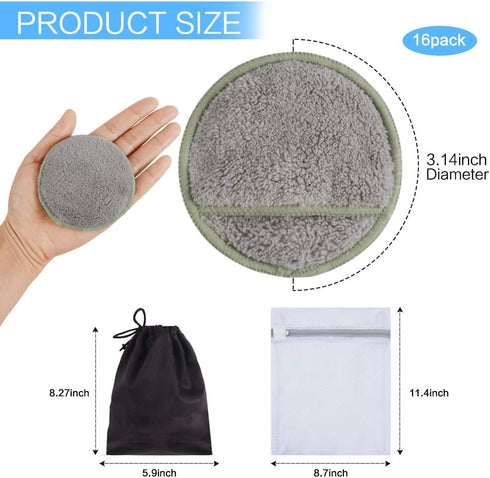 SUNLAND 16 Pack Reusable Makeup Remover Pads for Face, Eye, Lips - Microfiber Cleansing Gloves with Laundry Bag, Grey