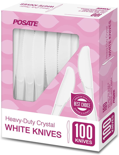 POSATE White Plastic Knives, Heavyweight, 100 Count