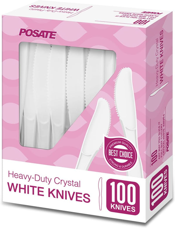 POSATE White Plastic Knives, Heavyweight, 100 Count