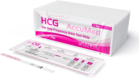 AccuMed 25-Count Pregnancy Test Strips, Individually Wrapped Early Home Detection HCG Test Kit, Clear