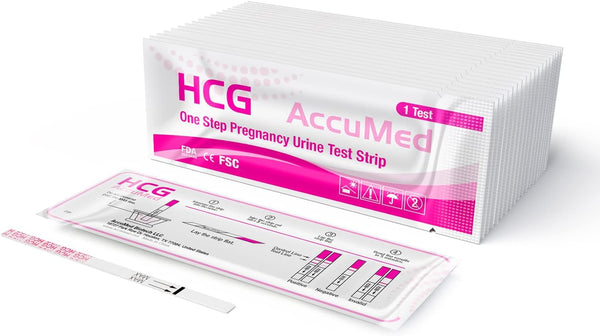 AccuMed 25-Count Pregnancy Test Strips, Individually Wrapped Early Home Detection HCG Test Kit, Clear