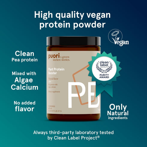 Puori Vegan Plant Protein Enhancer Powder, 25 Servings, Neutral Flavor Pea Protein with Algae Calcium