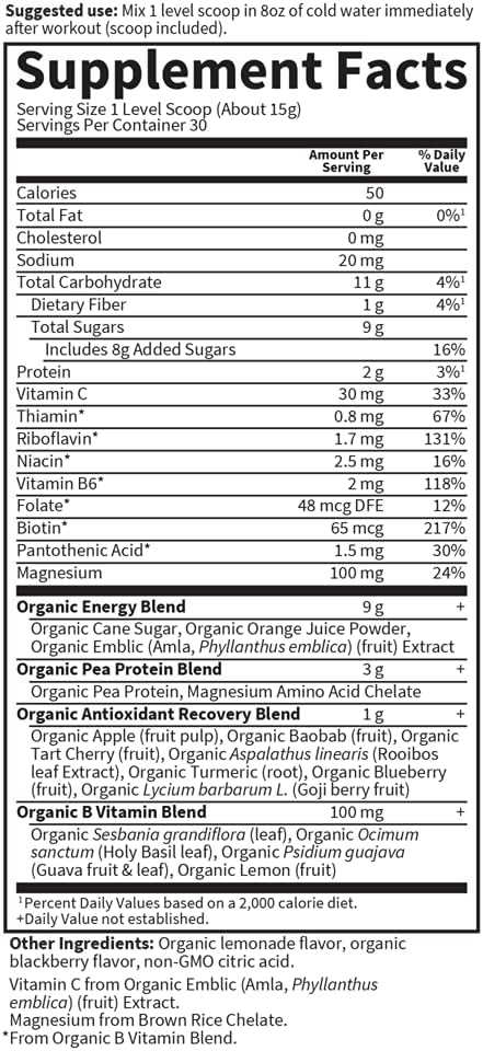 Garden of Life Sport Vegan Organic Plant Based Post Workout Muscle Recovery Powder, Blackberry Lemonade, 30 Servings