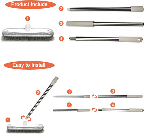 Push Broom with Adjustable Stainless Steel Long Handle - 46.5" for Shower, Patio, Kitchen, Grout, Garage Cleaning