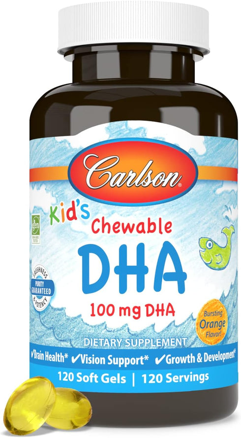 Carlson Kid's Chewable DHA, 100 mg DHA, Brain Health, 120 Chewable Softgels