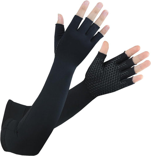 Long Copper Arthritis Gloves, Compression Gloves for Hand Pain Relief, Fingerless Typing Gloves for Women and Men