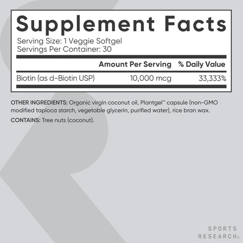 Sports Research Vegan Biotin 10,000mcg with Organic Coconut Oil, 30 Softgels for Hair & Skin Support
