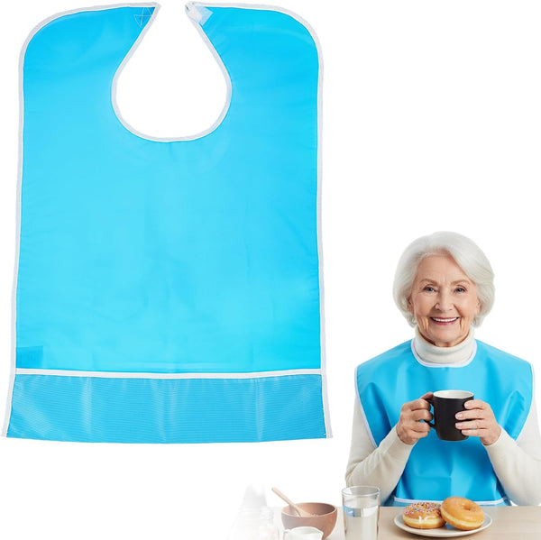 WJIAAA Adult Bibs for Elderly Women Men, Blue Waterproof Oil-Proo Bibs with Chip