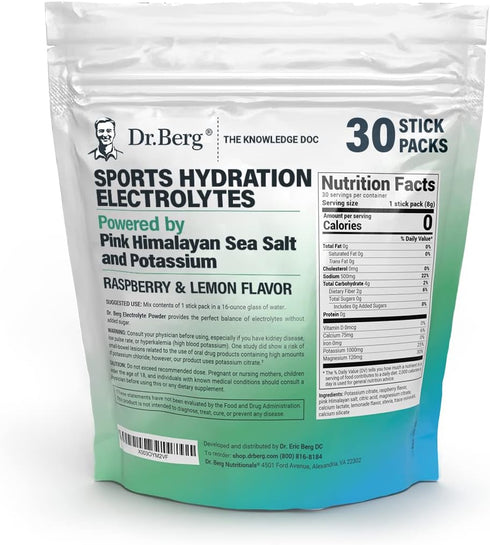 Dr. Berg Sports Hydration Electrolytes Powder, 30 Keto Packets, Pink Himalayan Salt, Salty Raspberry & Lemon Flavor,