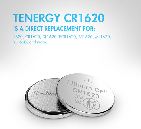 Tenergy CR1620 3V 5 Count Lithium Button Cell Battery, for Car Keys, Watches, Calculators, Remote Controls