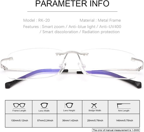 K.LAVER Rimless Bifocal Reading Glasses, Transition Photochromic UV400 Protection Sun Readers, Titanium Eyewear for Men
