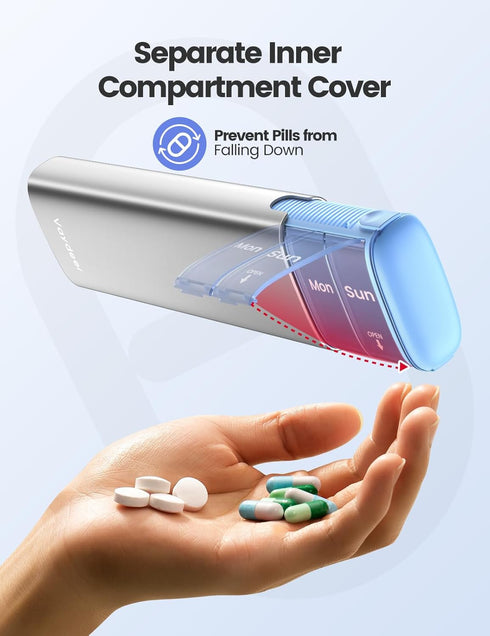 Vaydeer Metal Travel Pill Organizer Compact Weekly Pill Box for Daily Medication Portable Small Pill Case for Vitamins