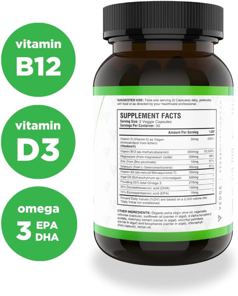 vedge Vegan Omega 3 Daily Multivitamin with Vitamin D, B12, Algal Oil for Vegan EPA & DHA - 30 Day Supply