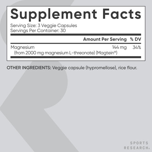 Sports Research Magtein Magnesium L-Threonate Capsules - Supports Memory, Focus & Cognition - 2000mg, 90 Capsules
