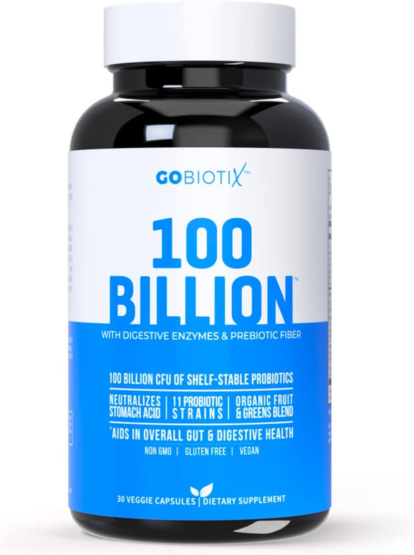 GOBIOTIX 100 Billion Digestive Enzymes Supplement, Probiotics Multivitamin, Prebiotic Fiber Blend - 30 Capsules